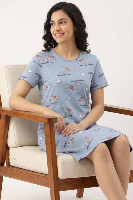 Zivame Farm Lore Knit Cotton Knee Length Nightdress - Ashley Blue — image 5